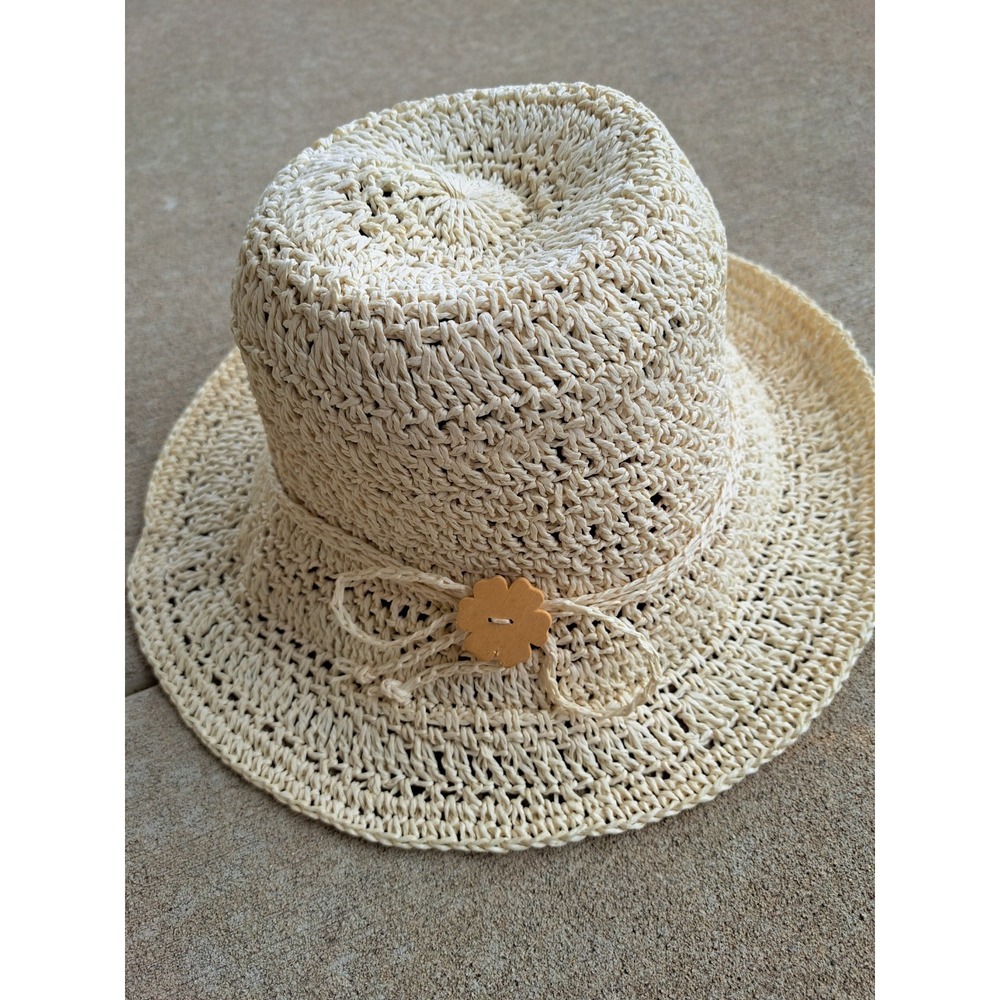 Women's Cream Ivory Straw Knit Summer Sun Hat M/L New